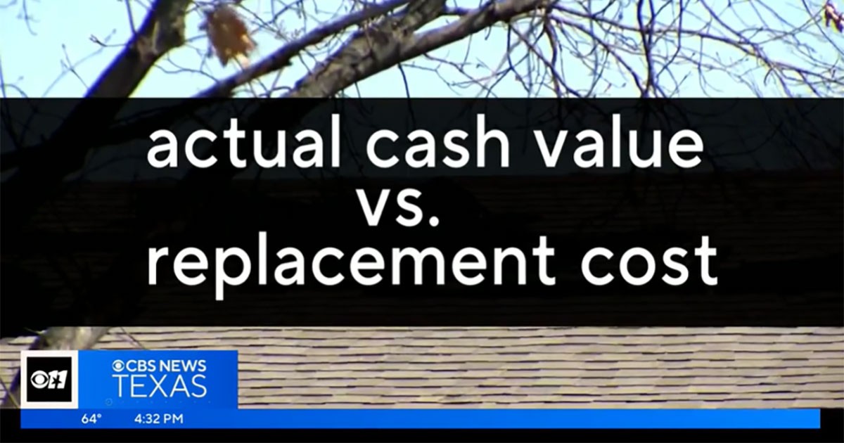 A rooftop with bare branches in the foreground and a banner with the text "actual cash value vs. replacement cost."