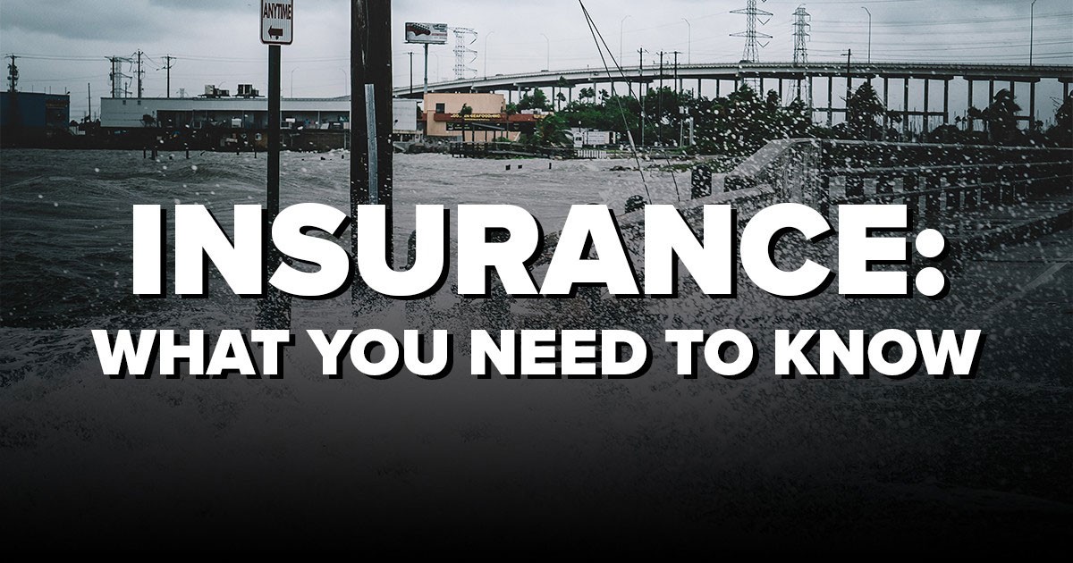 Flooded urban area with overlaid text about insurance. Transcribed Text - INSURANCE: WHAT YOU NEED TO KNOW