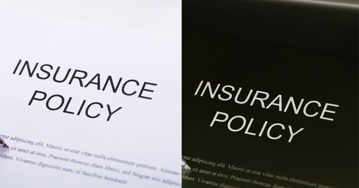 Split image showing an "INSURANCE POLICY" document, one with a white background and black text, the other inverse.